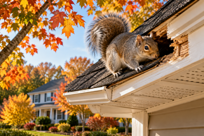 Autumn Squirrel Exploring the Attic Roof